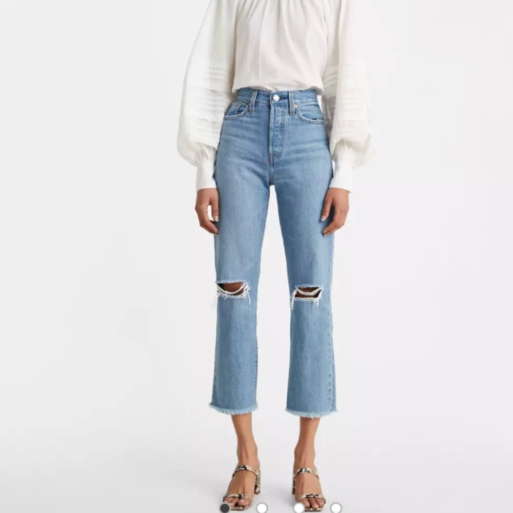 Levi's Wedgie Straight Crop Jeans Premium Distressed Button Fly, Raw Hem Denim